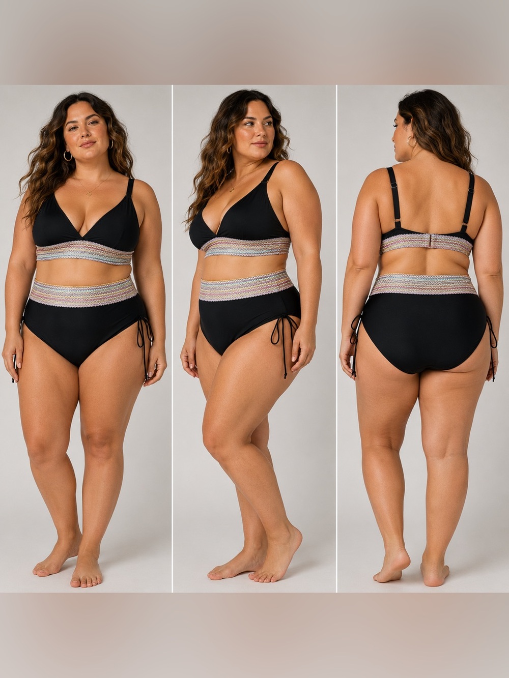 Black 2 Piece Bikini Set 2XL Smocked High Waist